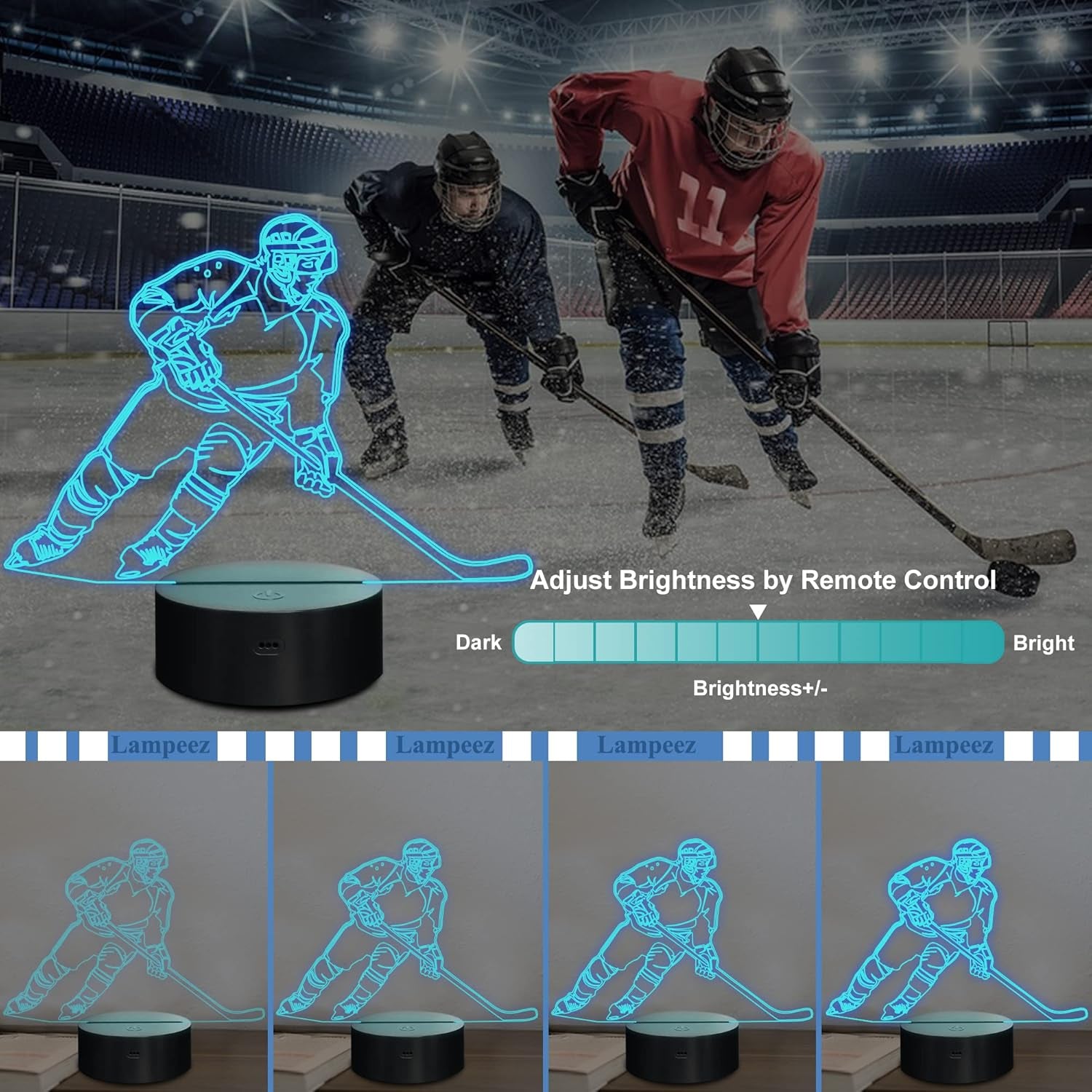 Ice Hockey Player 3D Night Lights for Kids LED 16 Colors Remote Control Changing Touch Dimmable Table Desk Lamp Birthday Xmas Gifts Home Decor for Sports Hockey Fan