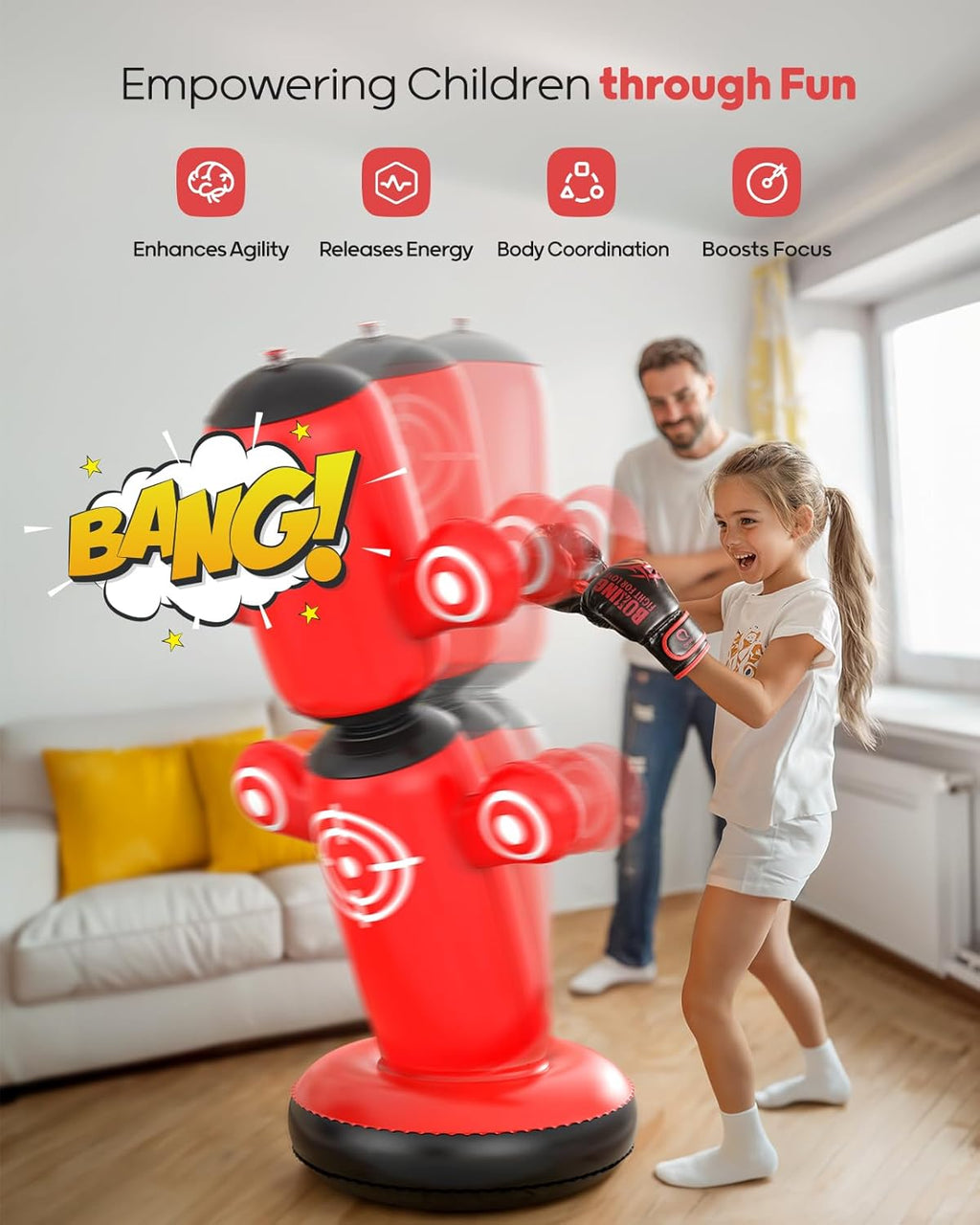 360° Rotatable Punching Bag for Kids, Lager 64” Kids Punching Bag with Gloves, Hand Pump & 6 Targets, Bop Bag Inflatable Punching Toy, Karate Gifts for Boys, Girls
