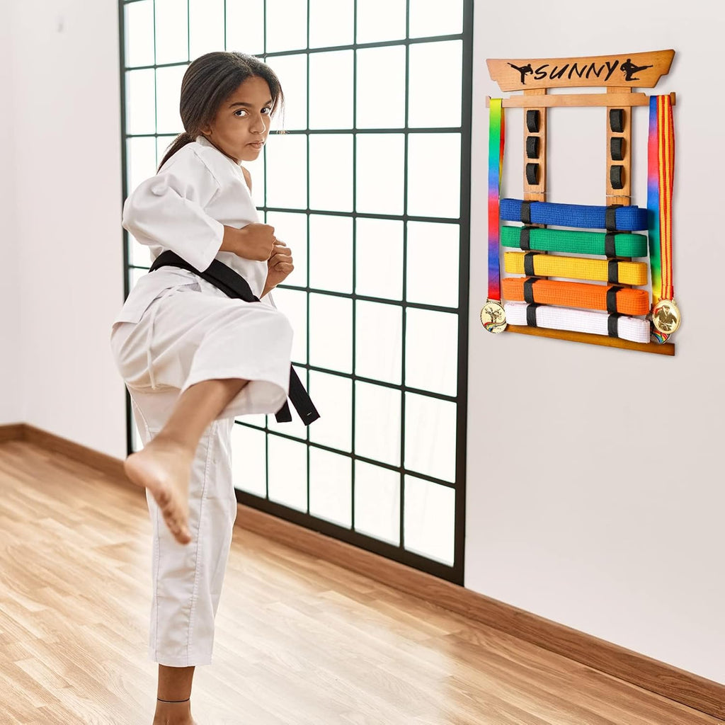 8 Belt Karate Belt Display Rack with Medal Hanger and Stickers, Taekwondo Belt Display Holder, Martial Arts Belt Display Organizer for Adults, No Assembly Required (Bamboo/Acrylic)