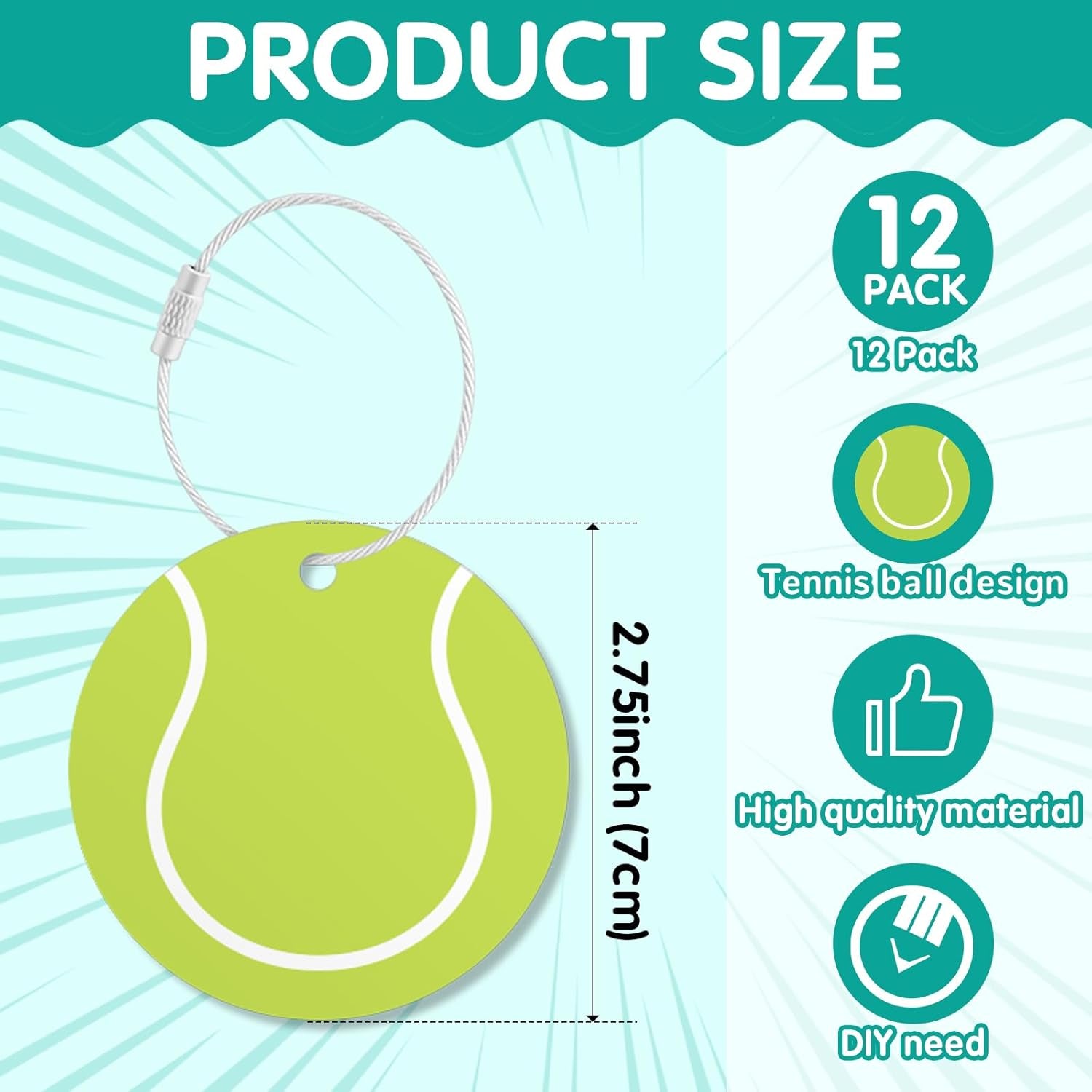12Pcs Tennis Luggage Tags Fortravel Suitcases Labels with Metal Ring 2.75In Tennis Keychain PVC Name Id and DIY Pocket Hug Card,Backpack Charms for Men Women Travel Bag Suitcase