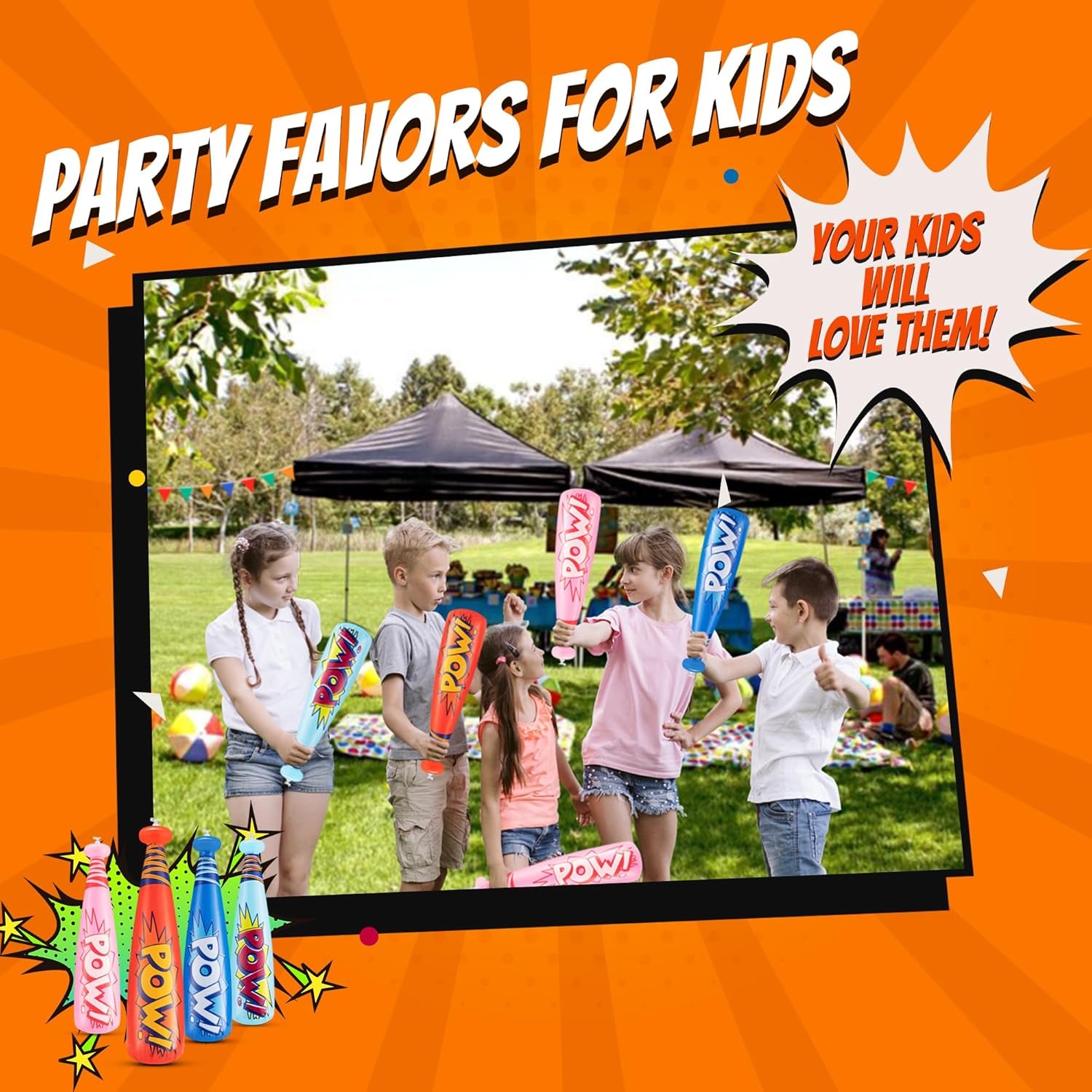 Pow Inflatable Baseball Bat - (Pack of 12) 20 Inch Inflatable Toy Bat, Carnival Prizes, Baseball Party Favors Goodie Bag Stuffers, Decorations Party Prizes for Kids