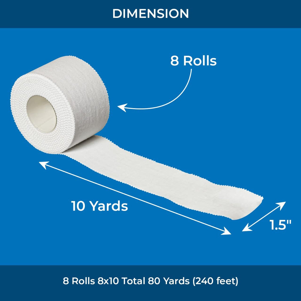 Athletic Sports Tape – 8 Adhesive Rolls -No-Sticky Residue – White Medical Tape - Sport Tape -Skin Friendly Athletic Tape 1.5" X 10 Yards for Athletes, Coaches, Amateurs (8, White)