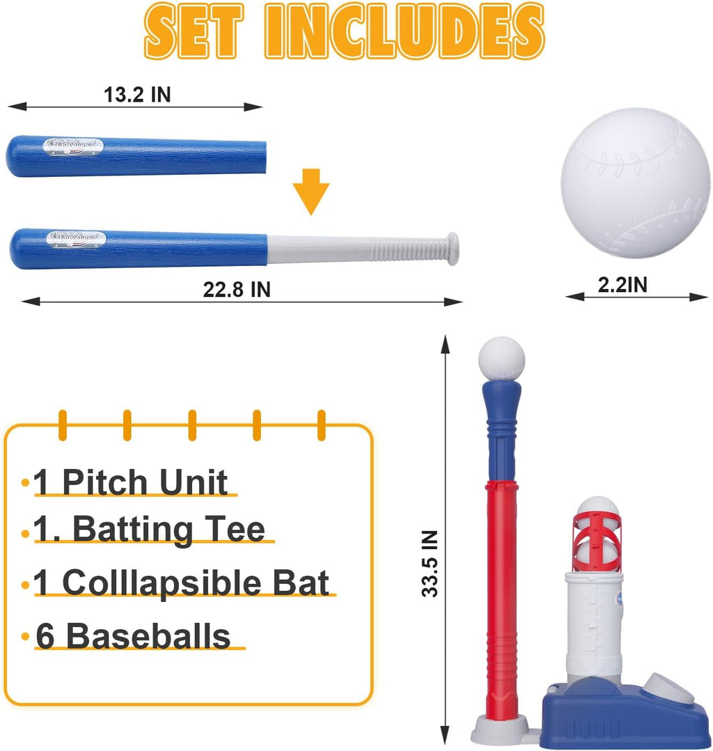 Baseball Tee，T-Ball Set for Kids Ages 3-5, Toddler Baseball Set with Step-On Pitching Machine, Adjustable Batting Tee, Bat and 6 Balls - Perfect Outdoor Christmas Toys Gift for Boys