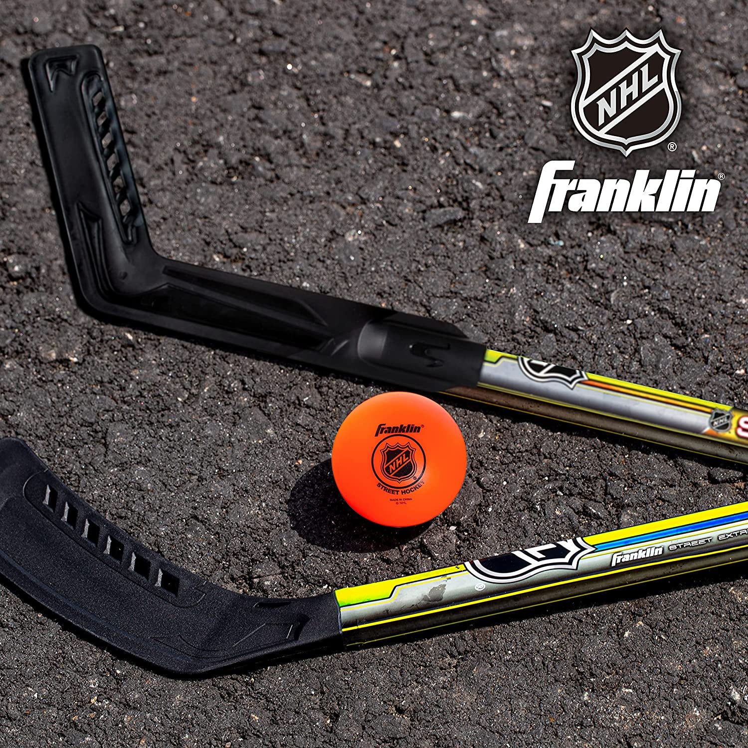Franklin Sports NHL Kids Street Hockey Stick Set - Includes (2) Youth Street Hockey Sticks + (1) Outdoor Roller Hockey Ball - Perfect Hockey Starter Set for Kids