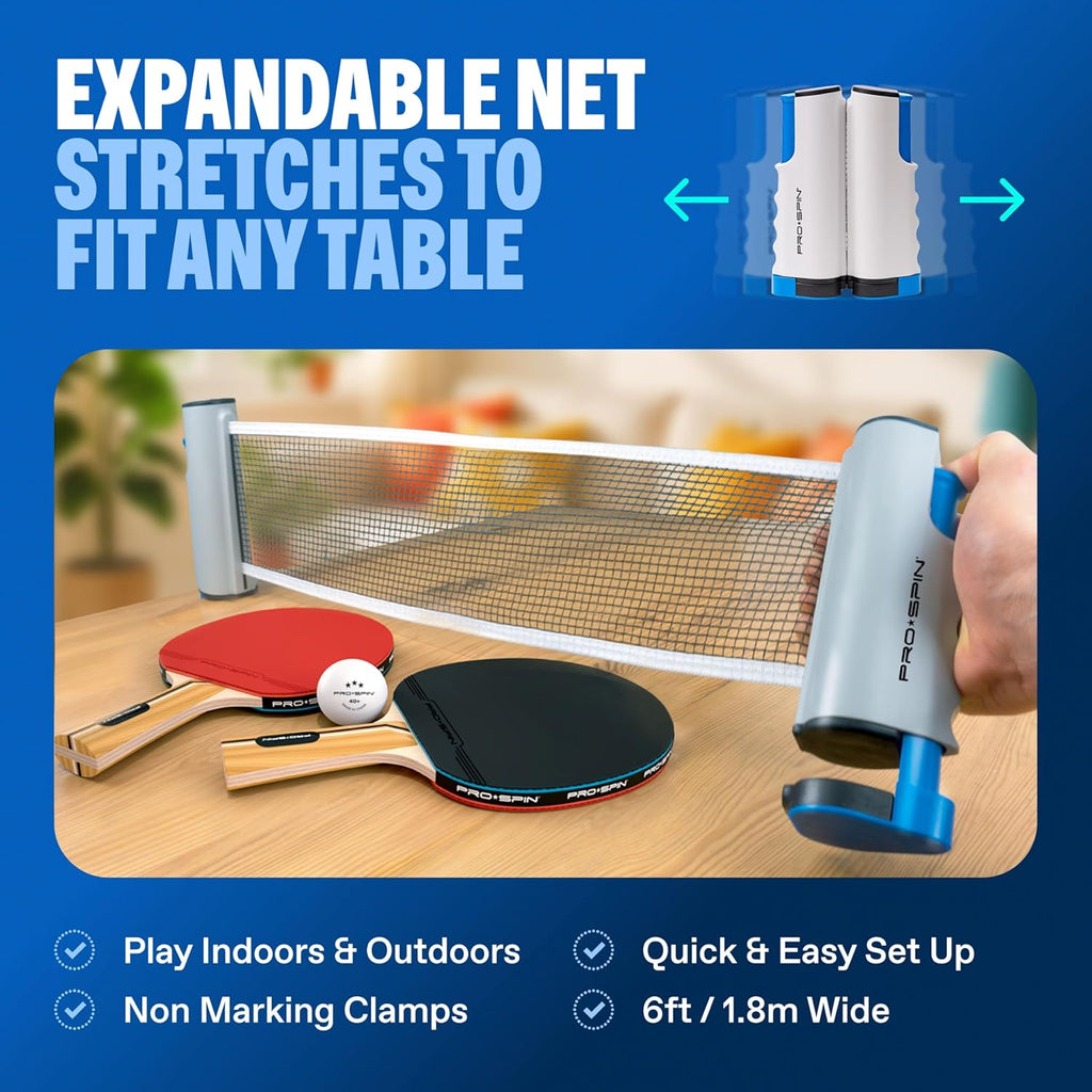 Portable Ping Pong Set with Retractable Ping Pong Net for Any Table, All-In-One Table Tennis Set with Ping Pong Paddles, Balls & Case, Table Top Family Game