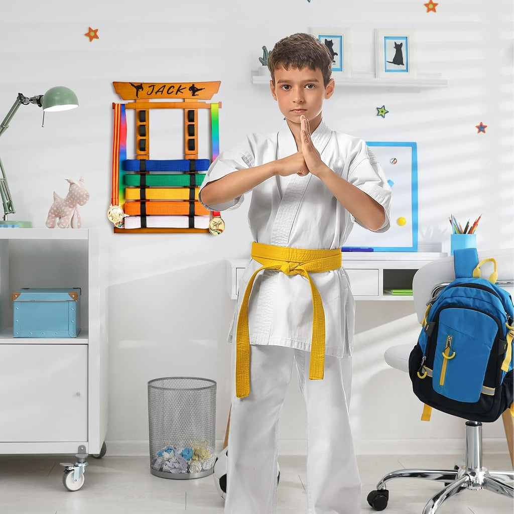 8 Belt Karate Belt Display Rack with Medal Hanger and Stickers, Taekwondo Belt Display Holder, Martial Arts Belt Display Organizer for Adults, No Assembly Required (Bamboo/Acrylic)