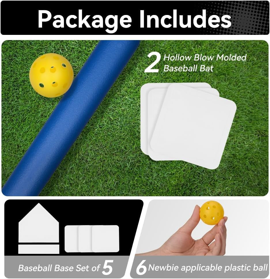 13 Pcs Baseball Bat Set Include 2 Plastic Baseball Bat 32 Inch & 6 Plastic Balls, 5 Throw Downs Base Indoor Outdoor for Baseball Softball Batting Practice Kids Youth Adult