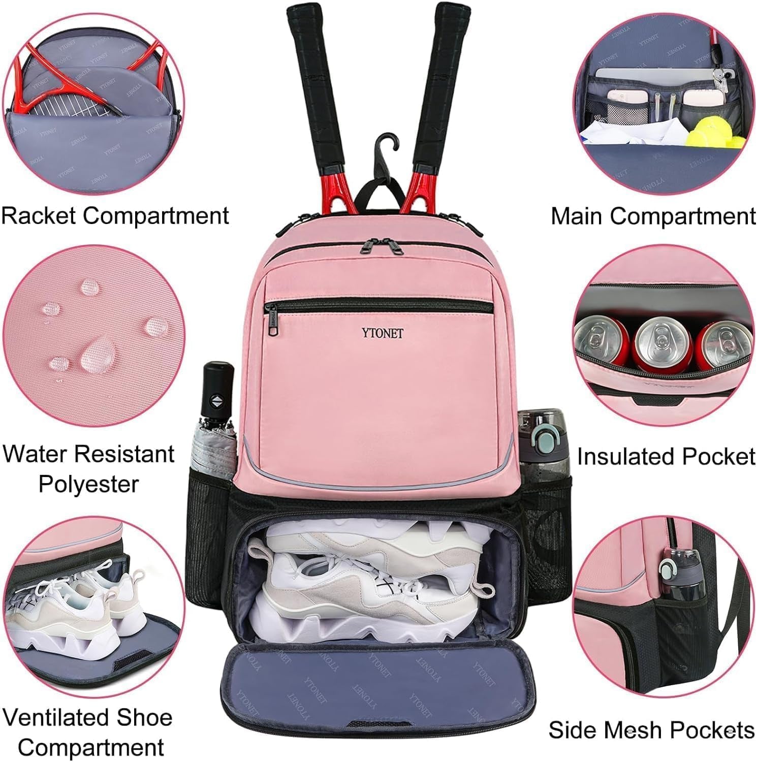 Tennis Bag Tennis Backpack for Women Men 2 Rackets with Insulated Pocket Ventilated Shoe Compartment