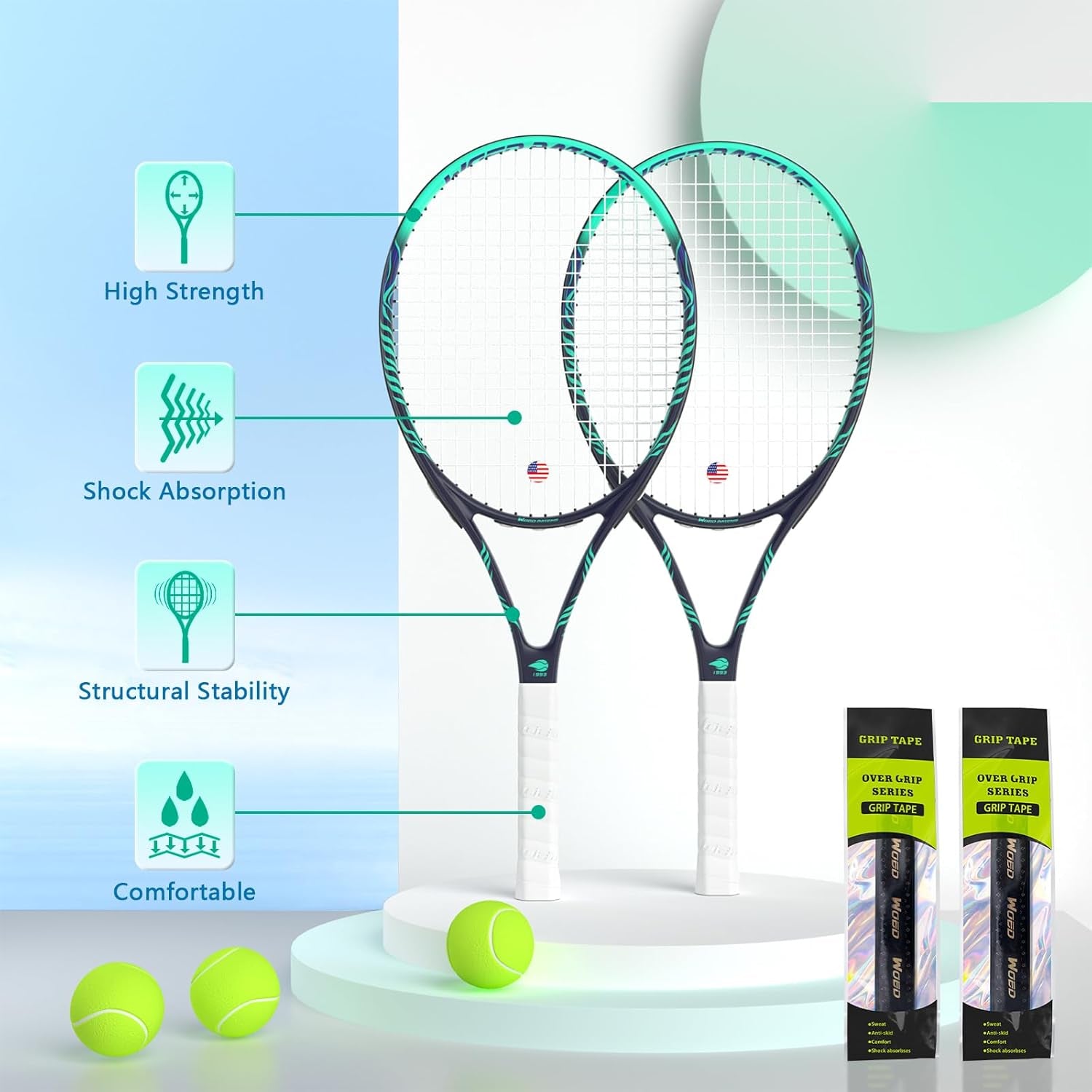 Adult 2 Player Tennis Racket Perfect for Beginner and Professional Players, 27” Speed Tennis Racquet Include Tennis Balls, Overgrips, Tennis Bag, Vibration Dampe, Cover