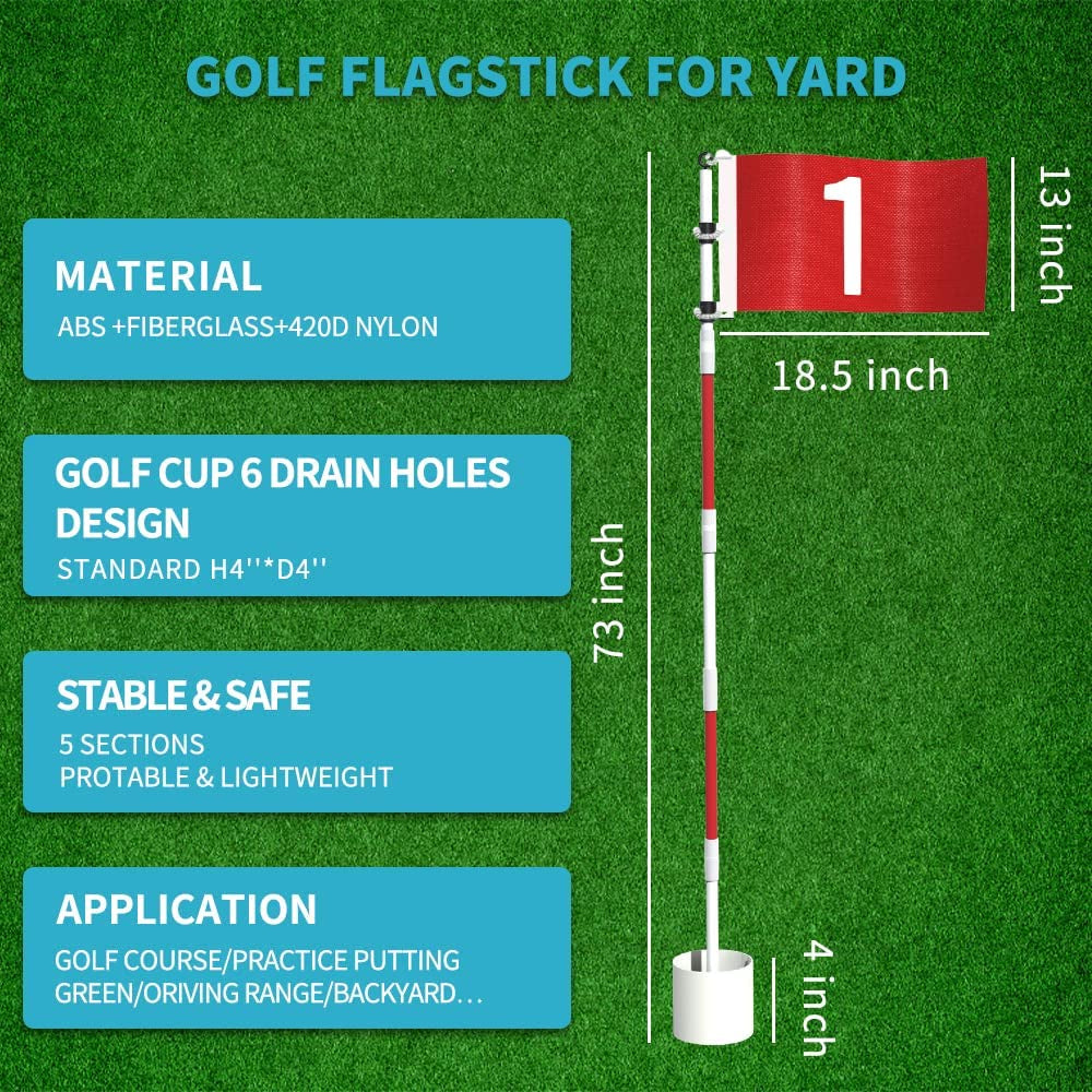 Golf Flagstick 6Ft Golf Flag and Cup for Yard Pro Detachable Golf Hole Cup and Flag for Driving Range Backyard Upgrade Anti-Rust Glass Fiber 5-Section Design with Connectors
