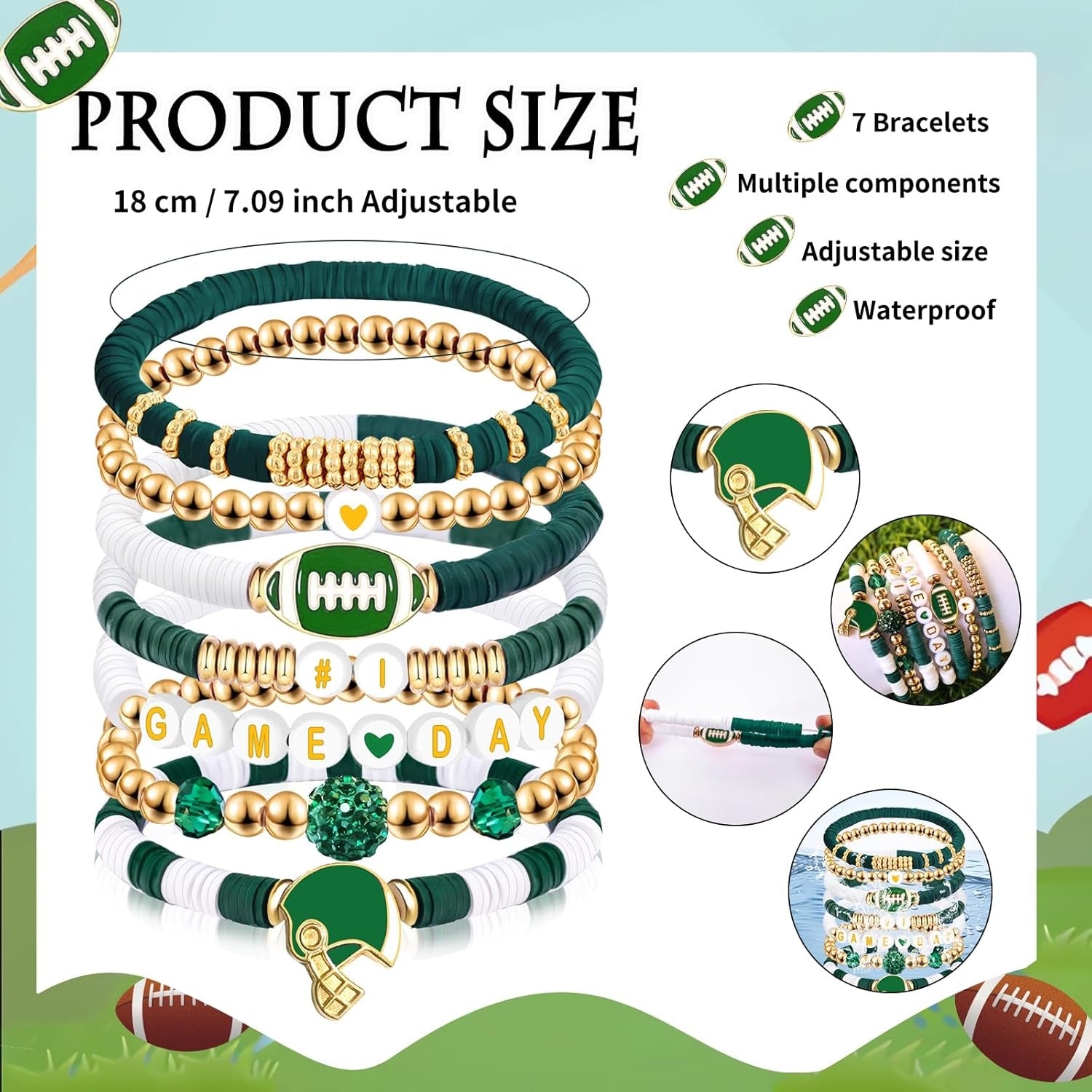 Football Mom Gifts Game Day #1 Bracelet Football Charm Beaded Stretch Bracelet Sports Jewelry for Football Dad Coach Fans Gifts