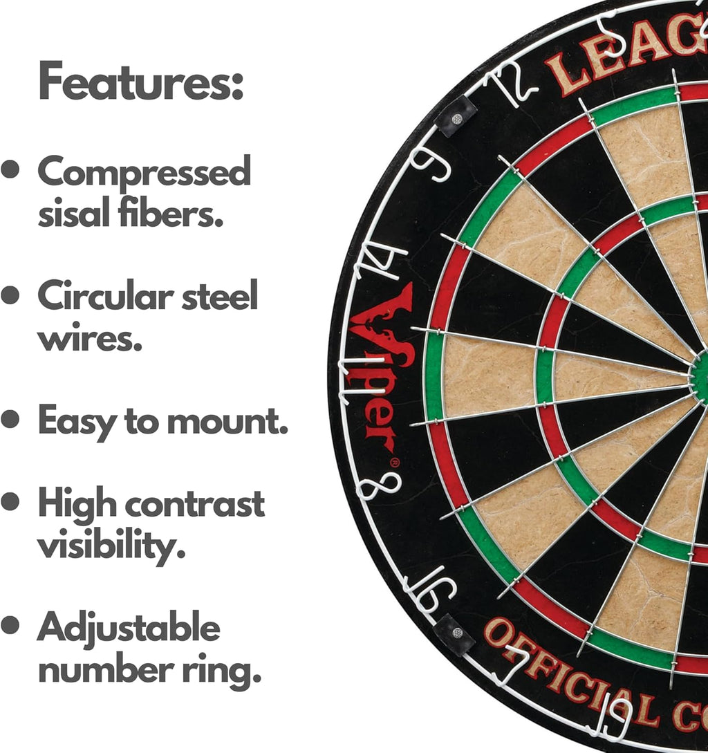Viper League Pro Regulation Bristle Steel Tip Dartboard Starter Set with Staple-Free Bullseye, Radial Spider Wire, High-Grade Sisal with Rotating Number Ring, Chalk Cricket Scoreboard, Steel Tip Darts