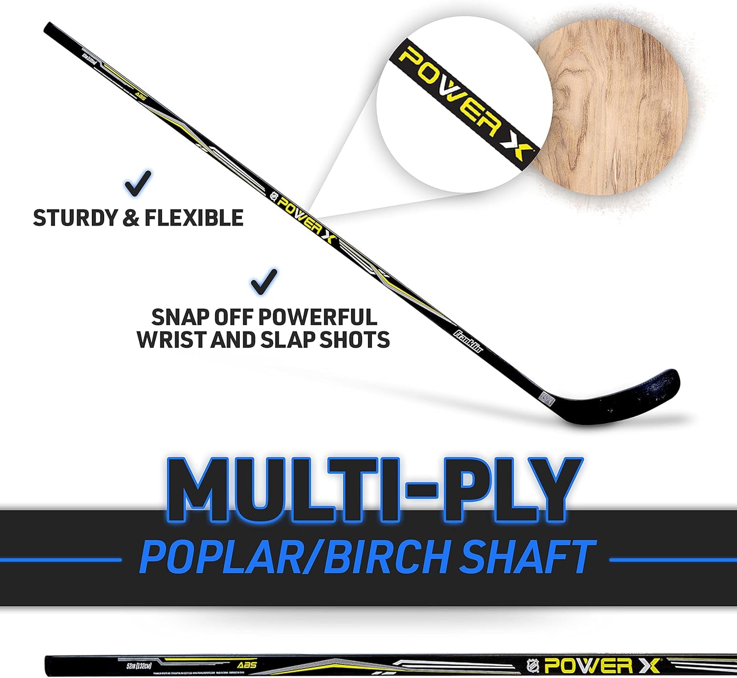 Franklin Sports Street Hockey Sticks - Ambush Junior Street Hockey Stick - Wood and Fiberglass Shaft - ABS Blade - One Piece Stick - 46", 52", 58"