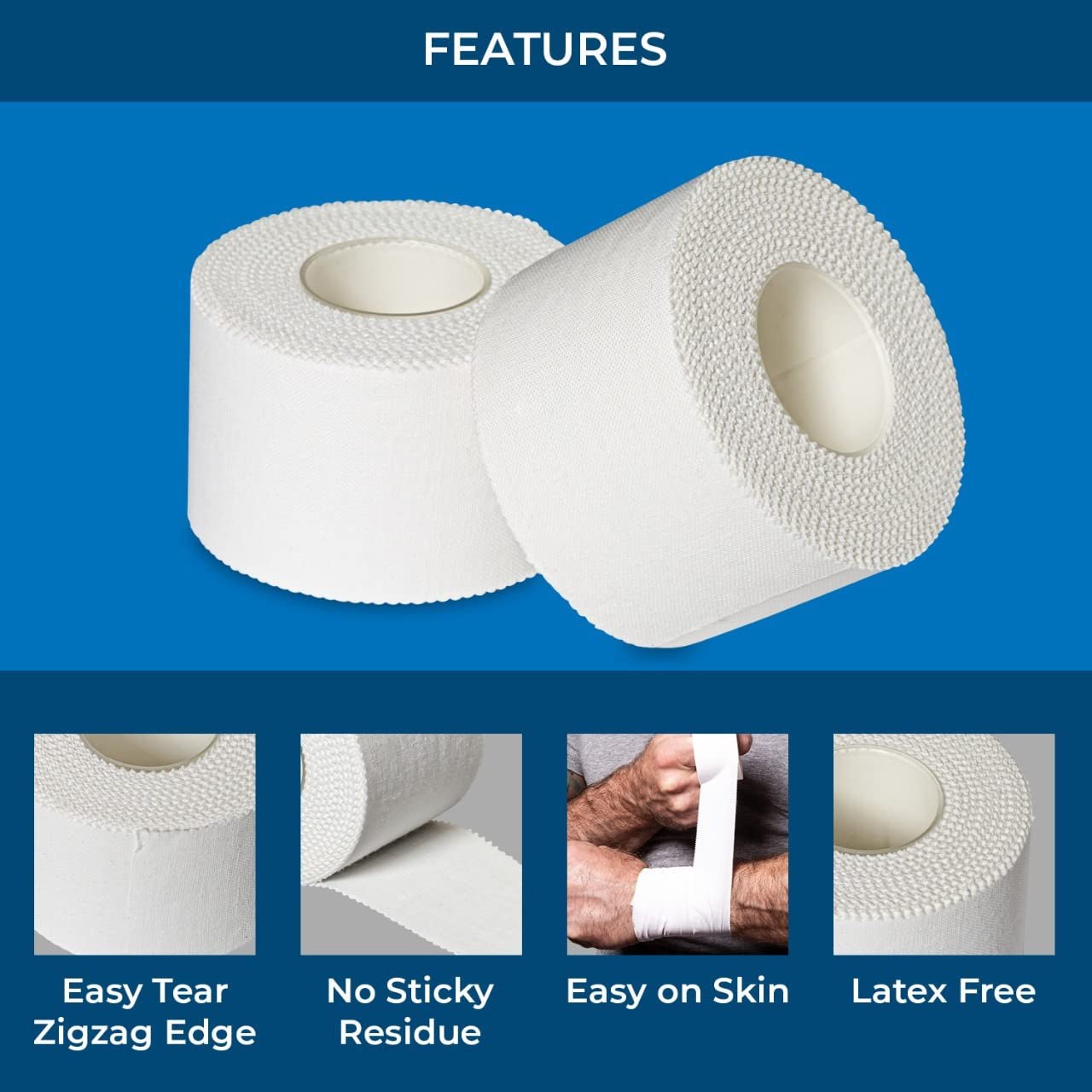 Athletic Sports Tape – 8 Adhesive Rolls -No-Sticky Residue – White Medical Tape - Sport Tape -Skin Friendly Athletic Tape 1.5" X 10 Yards for Athletes, Coaches, Amateurs (8, White)