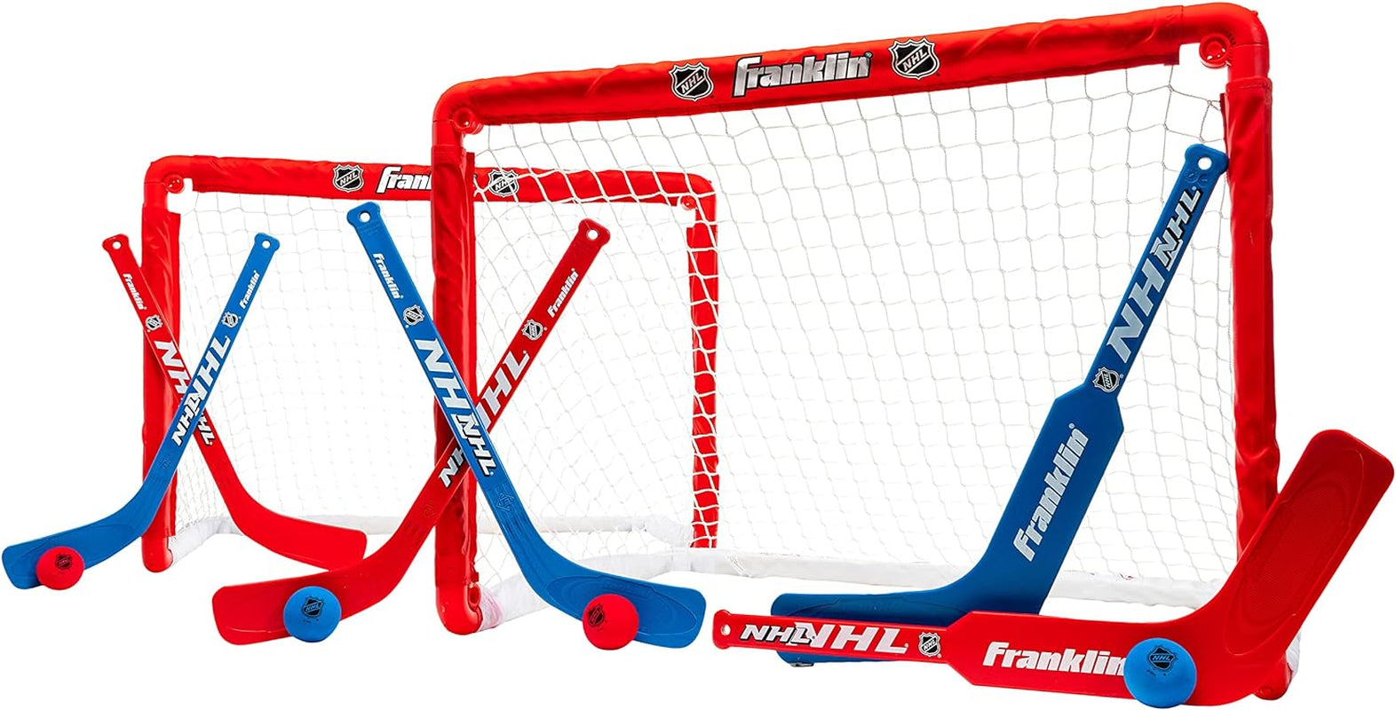Franklin Sports NHL Kids Mini Hockey Goal Set - (2) Mini + Knee Hockey Goals, (4) Youth Sticks, (2) Goalie Sticks + (4) Foam Balls - Knee + Mini Hockey Set