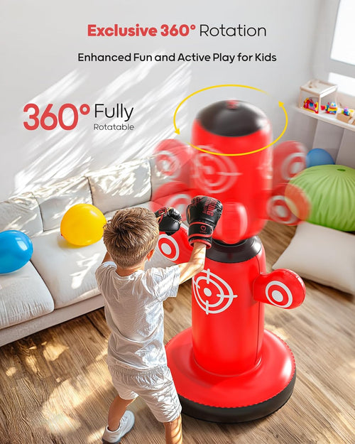 360° Rotatable Punching Bag for Kids, Lager 64” Kids Punching Bag with Gloves, Hand Pump & 6 Targets, Bop Bag Inflatable Punching Toy, Karate Gifts for Boys, Girls