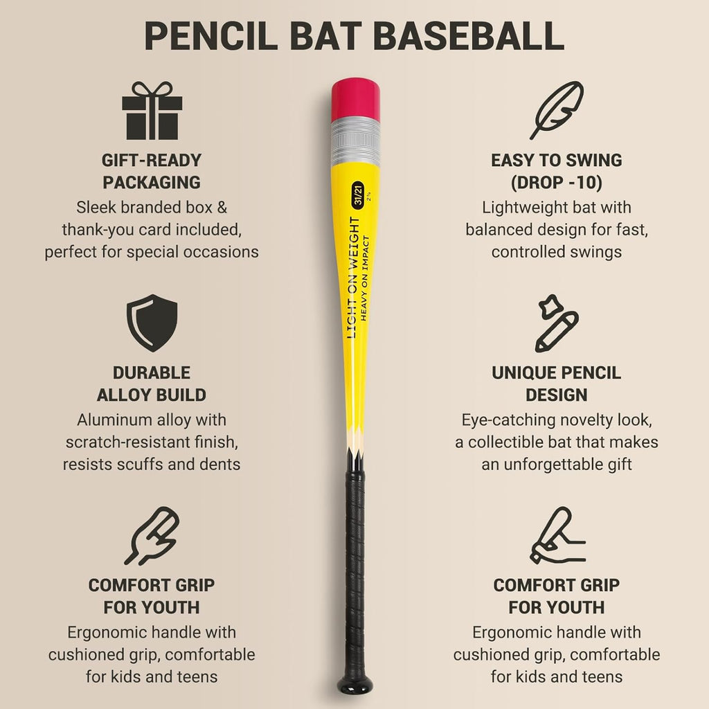 Pencil Bat - Novelty Backyard Baseball Games Gift - Youth Metal Baseball Bat - 2 5/8" Aluminum Barrel with Balanced Weight and Durable Finish