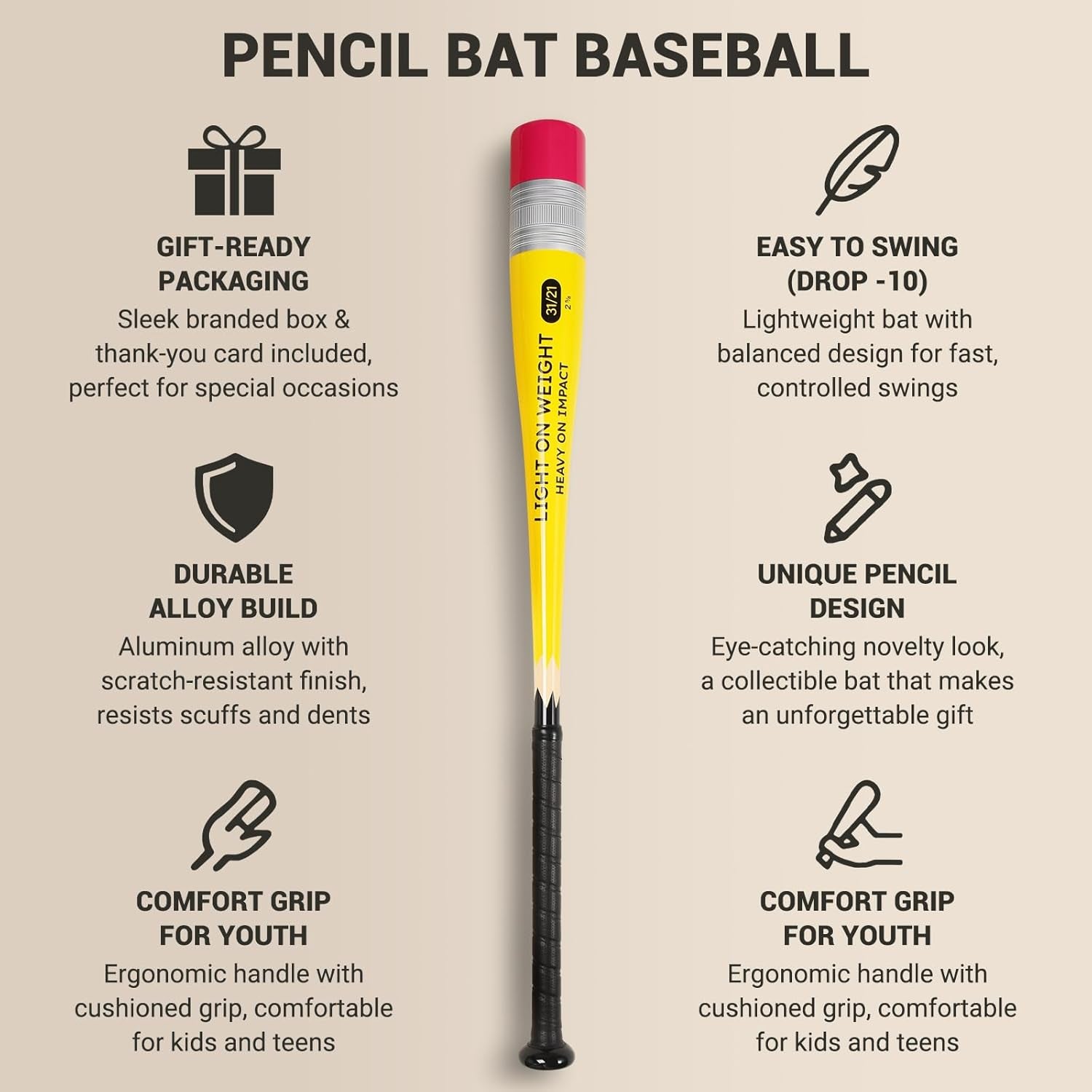 Pencil Bat - Novelty Backyard Baseball Games Gift - Youth Metal Baseball Bat - 2 5/8" Aluminum Barrel with Balanced Weight and Durable Finish