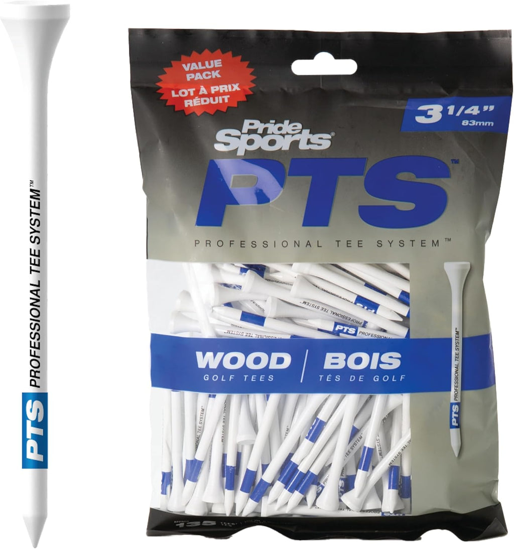 PTS Wood Golf Tees | 135 Count, 3-1/4 Inch | #1 Wood Tee on Tour | Best for Drivers & Woods