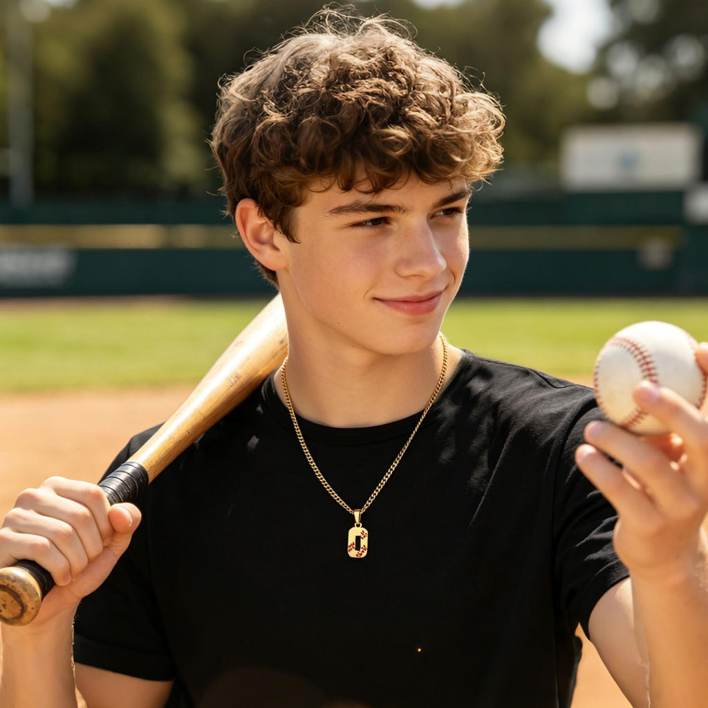 Hatti Doris Baseball Number Necklace for Men 00-99 - Jersey Number Necklace with Stainless Steel Gold Plated Chain & Baseball Charm Pendant