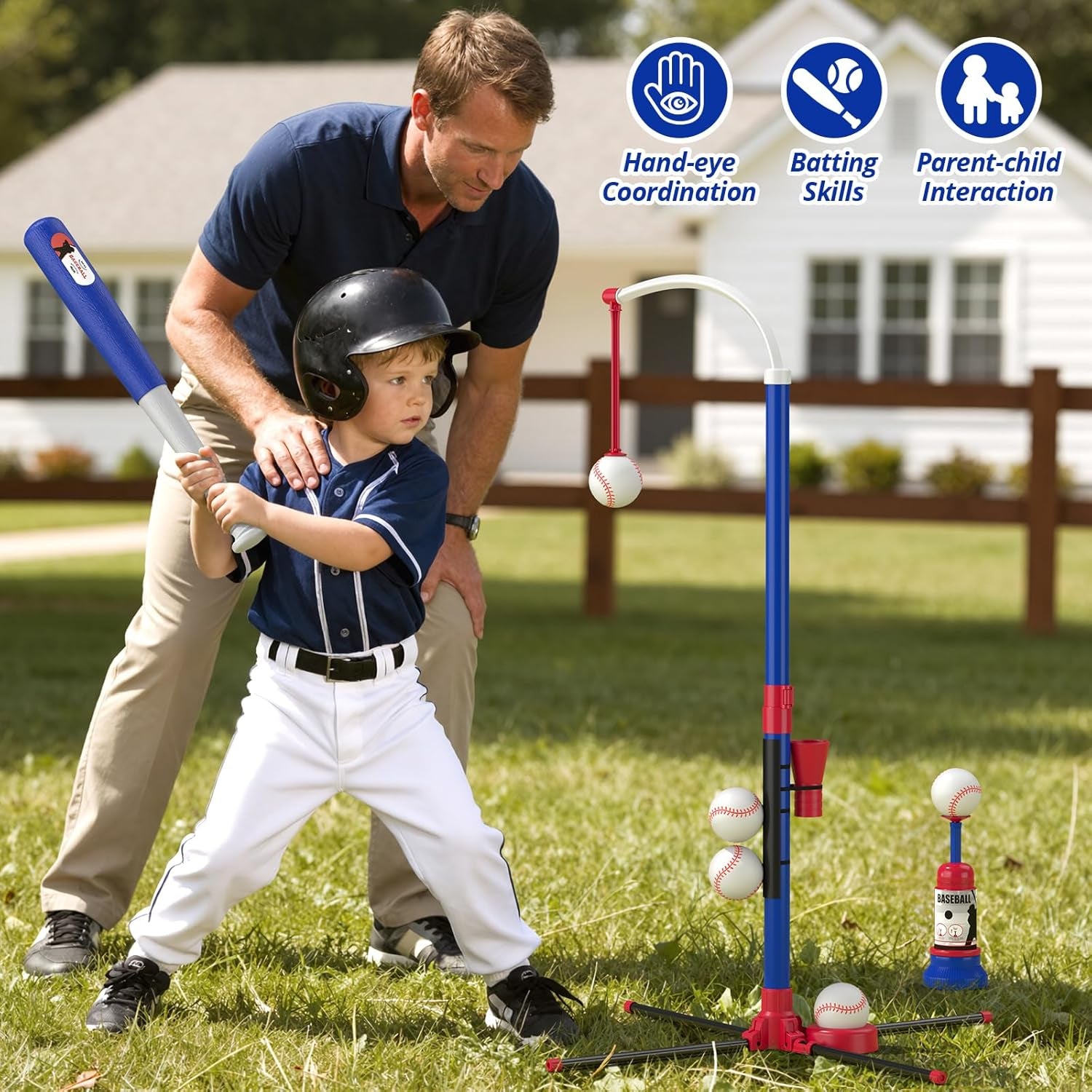 3-In-1 Baseball Set for Kids 3-5 - Tee Ball Stand, Hanging Tee, Ball Launcher and 6 Softballs - Adjustable Height, Indoor/Outdoor Sport Gifts for Boys Girls, Blue