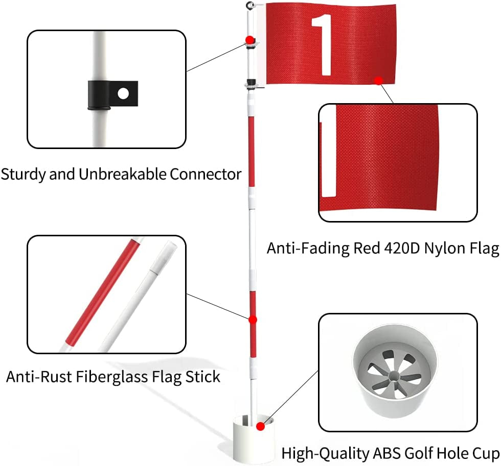 Golf Flagstick 6Ft Golf Flag and Cup for Yard Pro Detachable Golf Hole Cup and Flag for Driving Range Backyard Upgrade Anti-Rust Glass Fiber 5-Section Design with Connectors