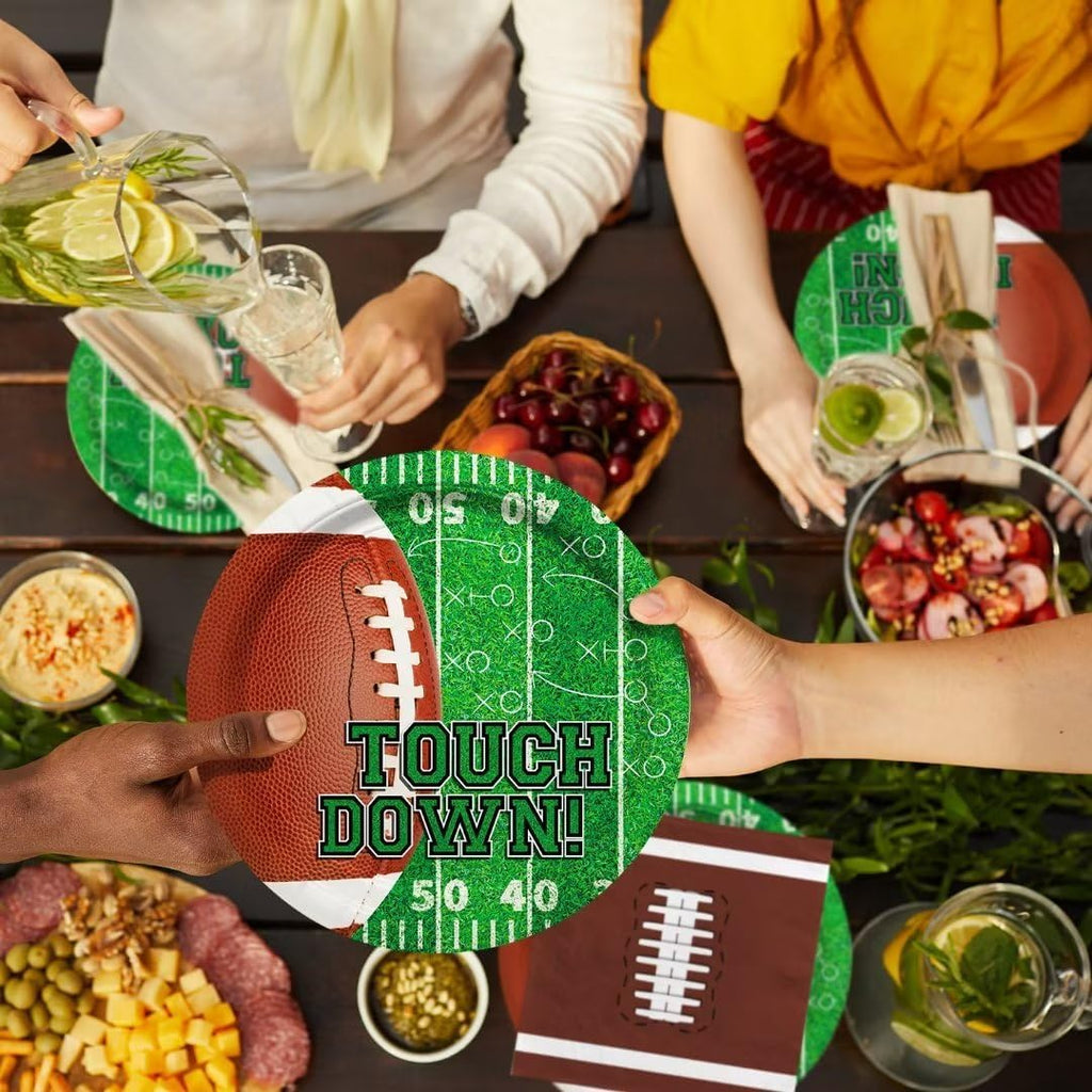 Football Party Supplies Kit Serve 24,Includes Dinner Plates, Dessert Napkins, Cups,Banner and Touchdown Tablecloth for Birthday Gameday Tailgate Decorations, Green (2023053002)
