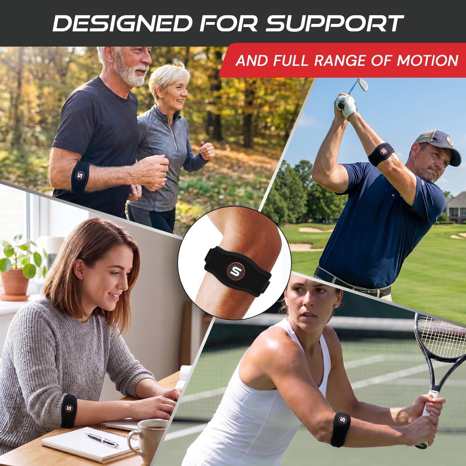 Sleeve Stars Tennis Elbow Brace for Men & Women, Elbow Brace for Tendonitis, Tennis Elbow Strap, Golfers Elbow Brace, Counterforce Brace for Tennis Elbow Relief, Fits 9"-23" (Single/Black)