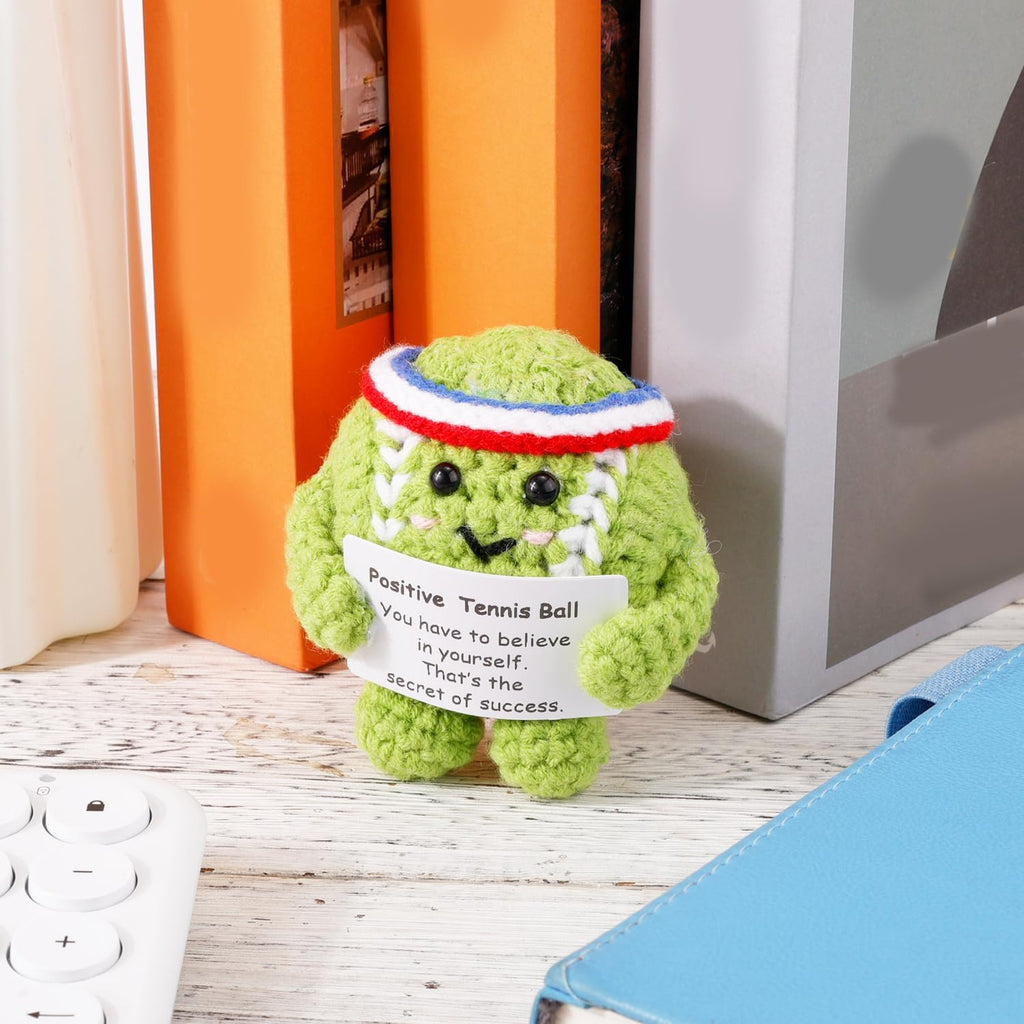 Positive Tennis Ball, Cute Funny Crochet Inspirational Tennis Ball Positive Knitted Animal Doll Crochet Toy with Positive Card for Sports Lover Friends Party Decorations