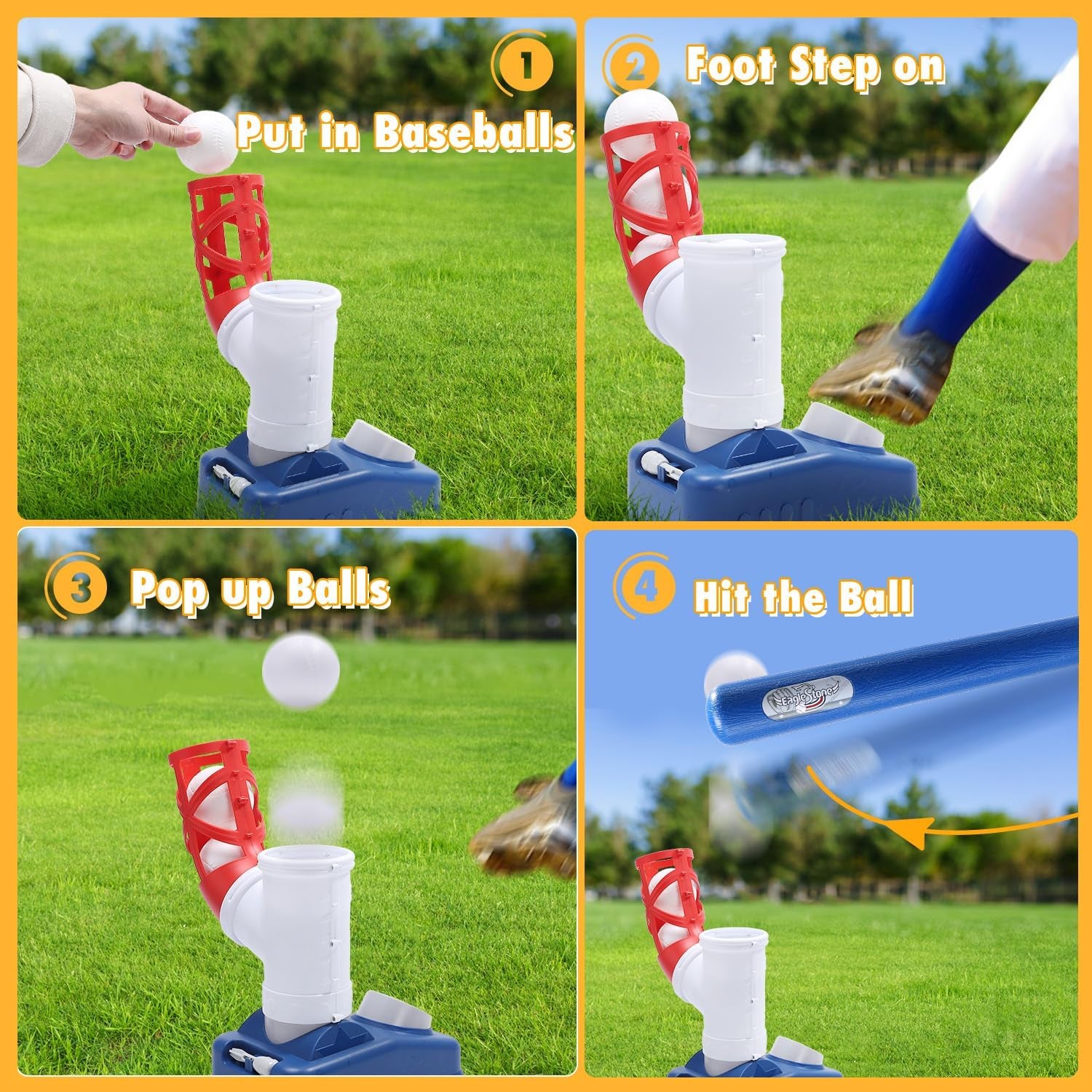 Baseball Tee，T-Ball Set for Kids Ages 3-5, Toddler Baseball Set with Step-On Pitching Machine, Adjustable Batting Tee, Bat and 6 Balls - Perfect Outdoor Christmas Toys Gift for Boys