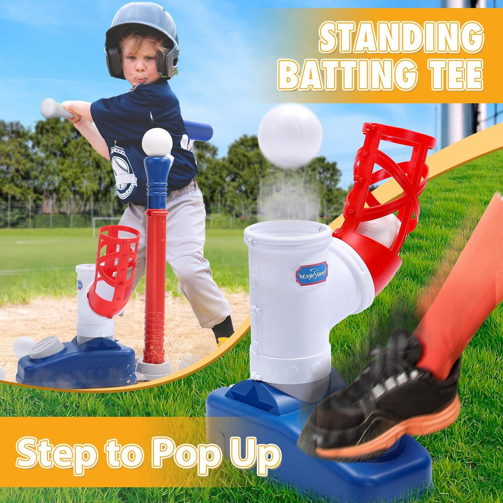 Baseball Tee，T-Ball Set for Kids Ages 3-5, Toddler Baseball Set with Step-On Pitching Machine, Adjustable Batting Tee, Bat and 6 Balls - Perfect Outdoor Christmas Toys Gift for Boys