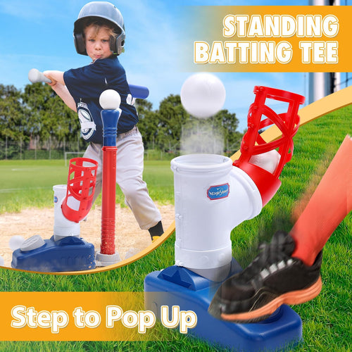 Baseball Tee，T-Ball Set for Kids Ages 3-5, Toddler Baseball Set with Step-On Pitching Machine, Adjustable Batting Tee, Bat and 6 Balls - Perfect Outdoor Christmas Toys Gift for Boys