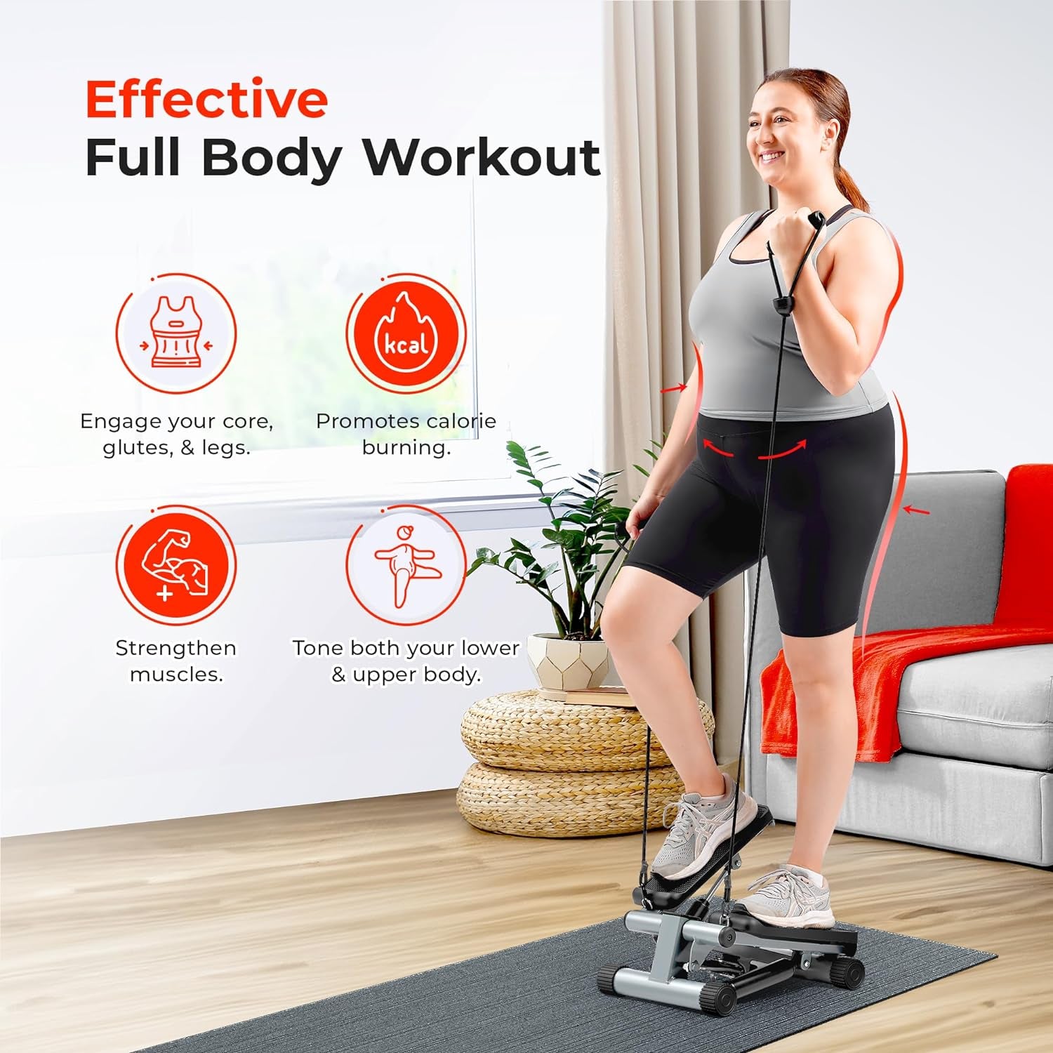 Mini Steppers for Exercise at Home, Stair Step Workout Machine with Resistance Bands, Full Body Cardio Equipment, Optional Free Sunnyfit App Connection Smart Stepper