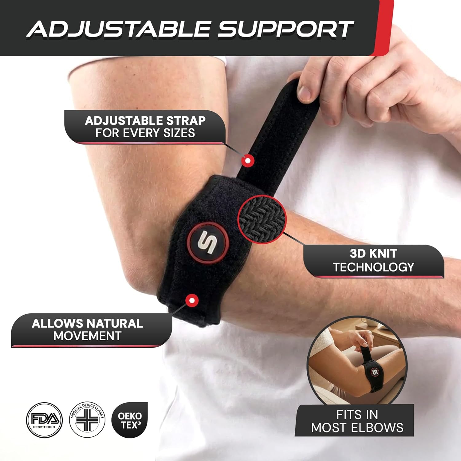 Sleeve Stars Tennis Elbow Brace for Men & Women, Elbow Brace for Tendonitis, Tennis Elbow Strap, Golfers Elbow Brace, Counterforce Brace for Tennis Elbow Relief, Fits 9"-23" (Single/Black)