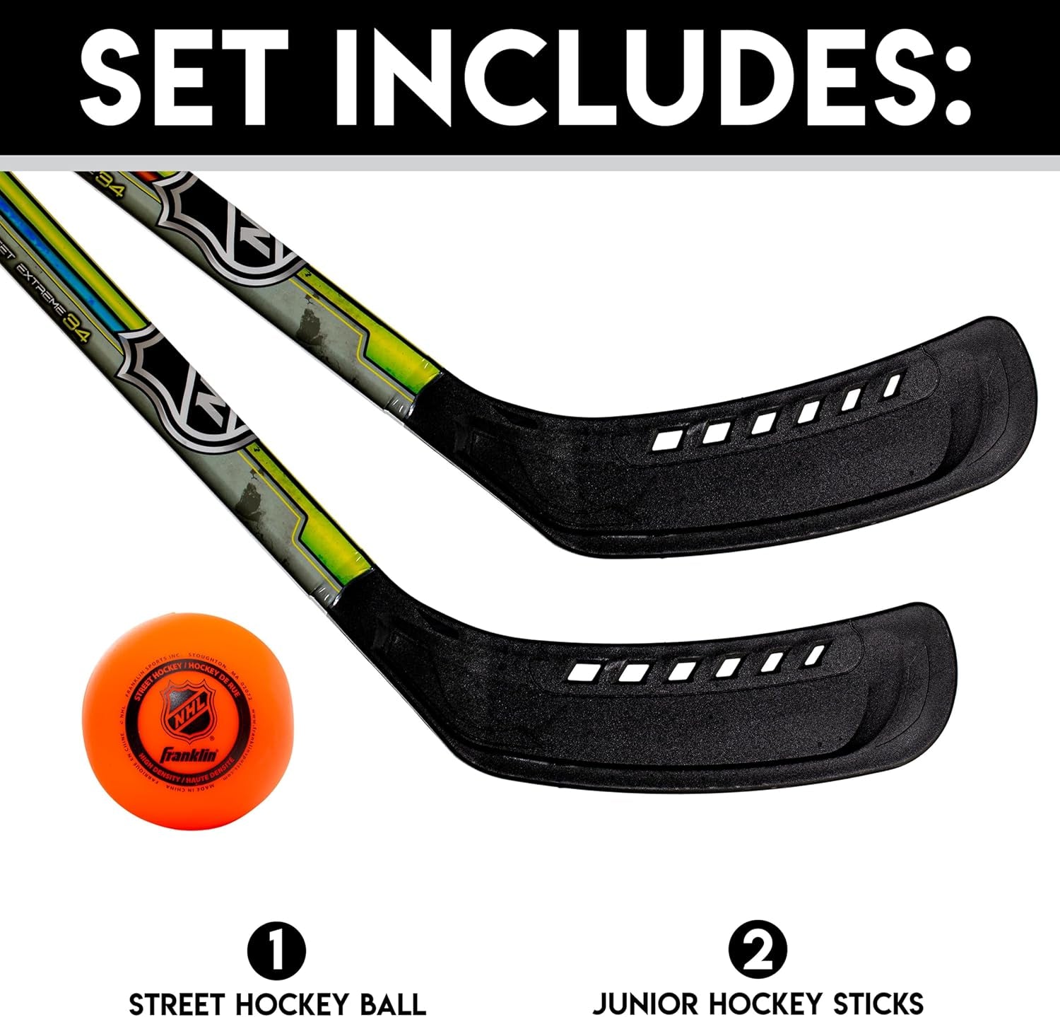 Franklin Sports NHL Kids Street Hockey Stick Set - Includes (2) Youth Street Hockey Sticks + (1) Outdoor Roller Hockey Ball - Perfect Hockey Starter Set for Kids