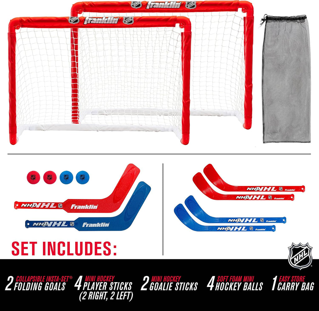 Franklin Sports NHL Kids Mini Hockey Goal Set - (2) Mini + Knee Hockey Goals, (4) Youth Sticks, (2) Goalie Sticks + (4) Foam Balls - Knee + Mini Hockey Set