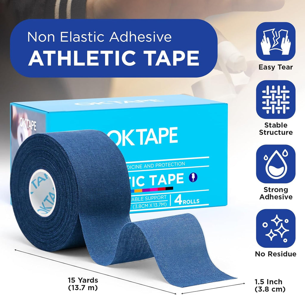 4 Rolls Athletic Tape, Sports Tape, Very Strong Easy Tear Wrist Ankle Tape, No Sticky Residue | Athletes, Medical, Athletic Trainers- 1.5Inch X 15Yards (Blue)