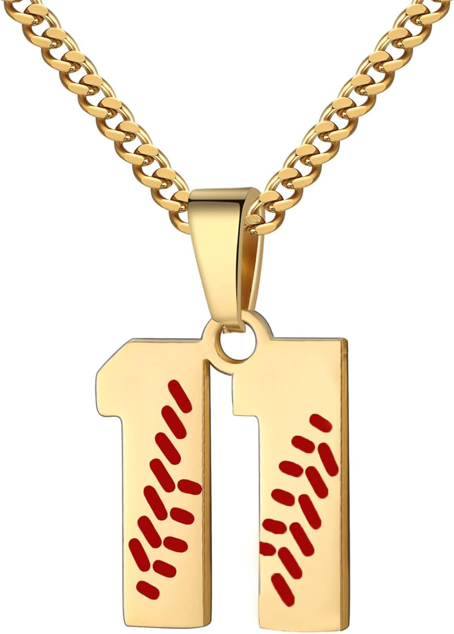 Hatti Doris Baseball Number Necklace for Men 00-99 - Jersey Number Necklace with Stainless Steel Gold Plated Chain & Baseball Charm Pendant