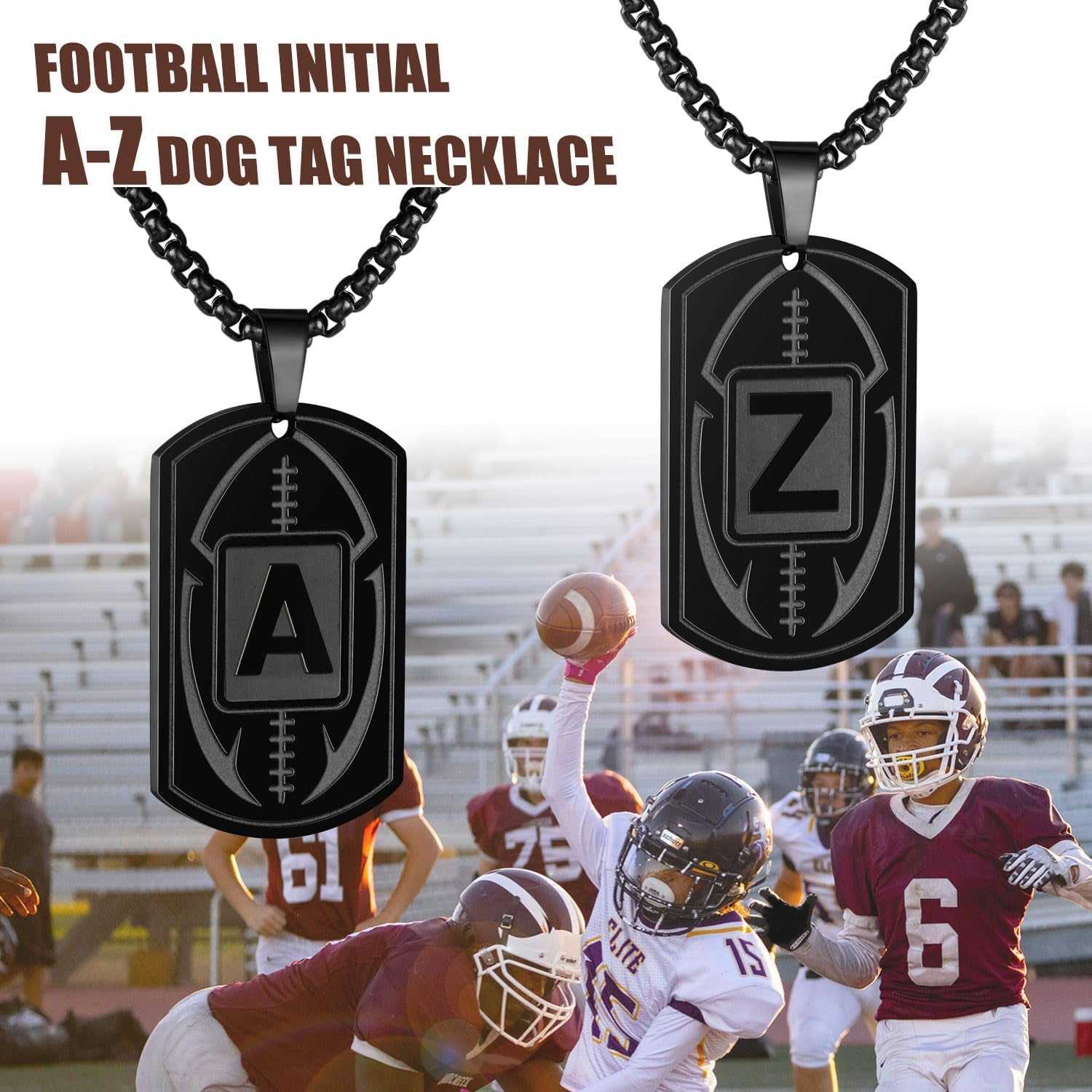 Initial A-Z Dog Tag Necklace for Men - Football Charm Pendant, Stainless Steel Chain 22+2 Inches, Personalized Sports Athletes Jewelry Gift