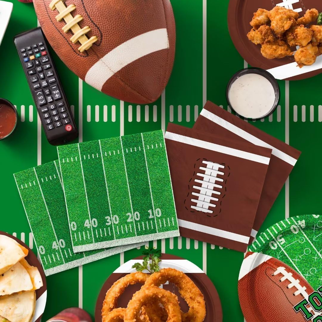 Football Party Supplies Kit Serve 24,Includes Dinner Plates, Dessert Napkins, Cups,Banner and Touchdown Tablecloth for Birthday Gameday Tailgate Decorations, Green (2023053002)