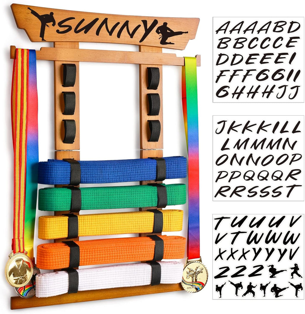8 Belt Karate Belt Display Rack with Medal Hanger and Stickers, Taekwondo Belt Display Holder, Martial Arts Belt Display Organizer for Adults, No Assembly Required (Bamboo/Acrylic)