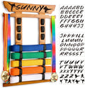 8 Belt Karate Belt Display Rack with Medal Hanger and Stickers, Taekwondo Belt Display Holder, Martial Arts Belt Display Organizer for Adults, No Assembly Required (Bamboo/Acrylic)