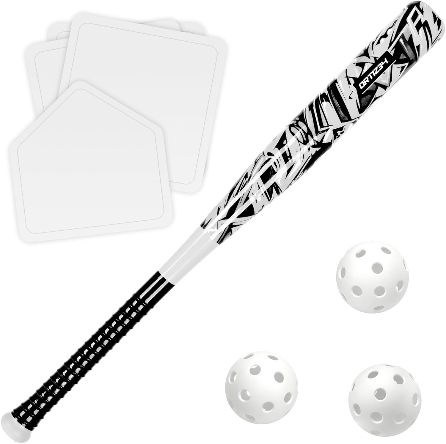Grand Slam Set- Graffiti Plastic Bat, David Ortiz Backyard Baseball Set with 3 Balls, 4 Throw down Bases